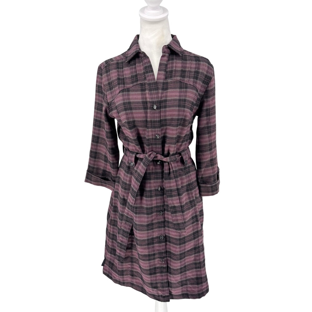 Merrell Women Plaid Flannel Shirt Dress Belted Button Down Midi Sleeve Size 8